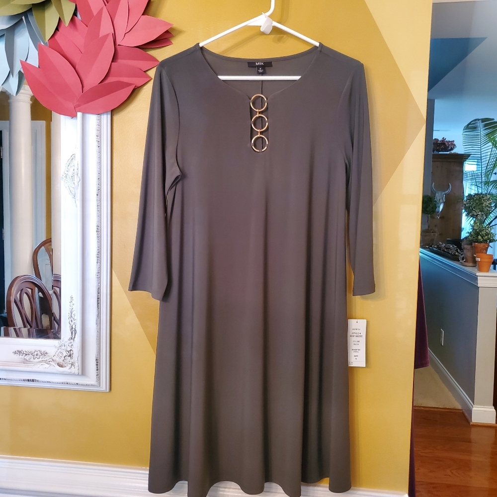 NWT MSK Green 3/4 Sleeve Swing Women's Med Dress